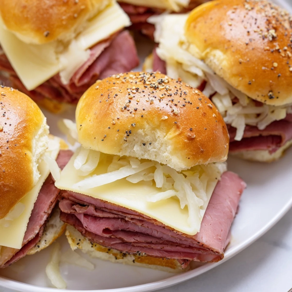 Freshly baked Corned Beef Sliders with Mustard feature tender corned beef and sauerkraut on soft slider buns.