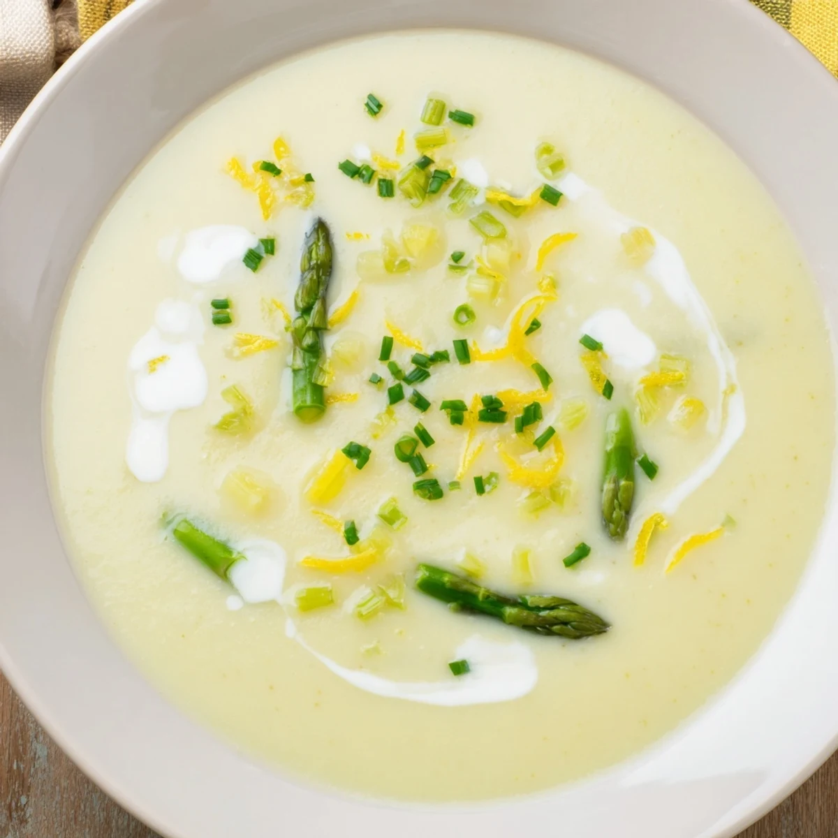 Vibrant green Creamy Asparagus Soup with Lemon served alongside rustic bread.