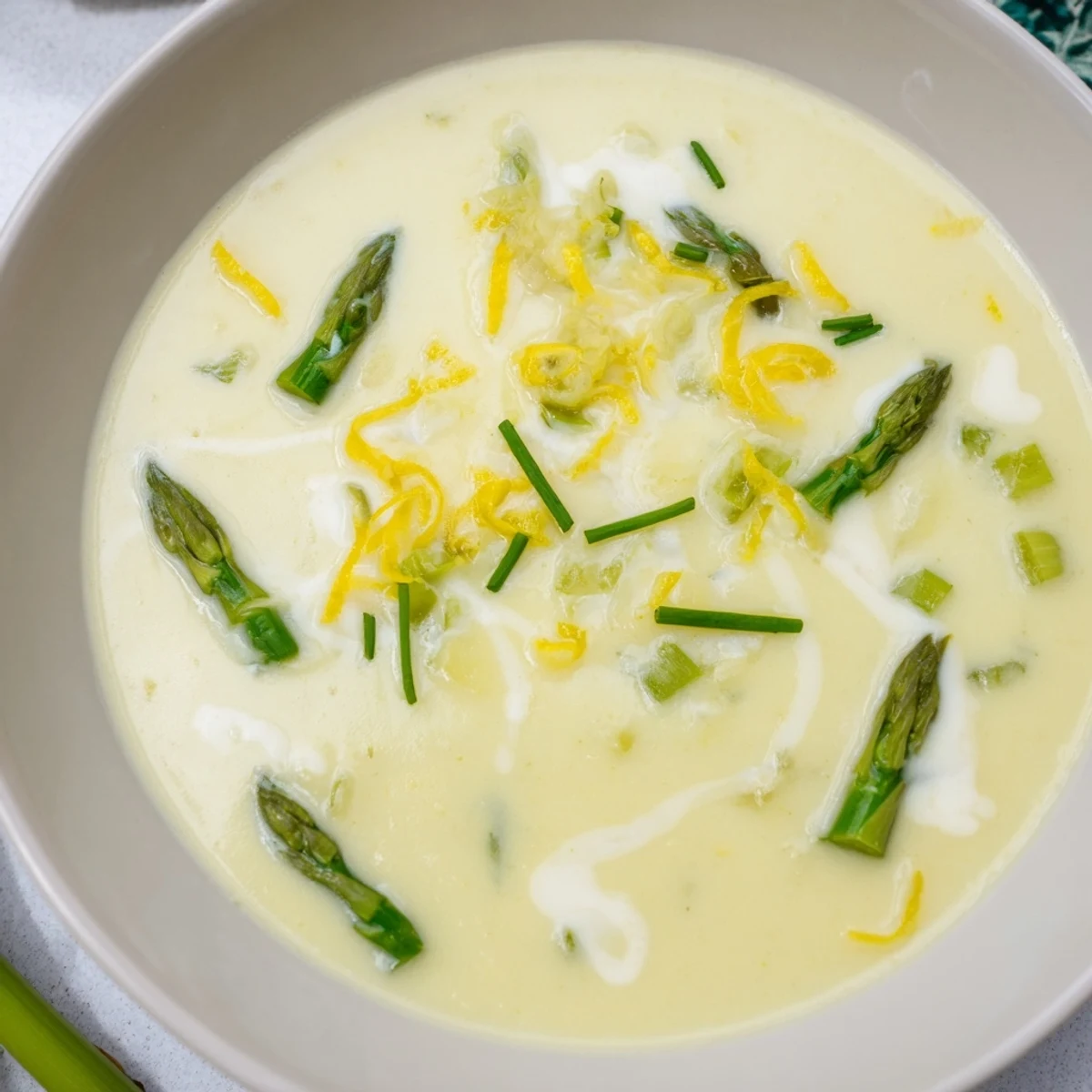 Ladle pouring Creamy Asparagus Soup with Lemon into a white ceramic bowl.