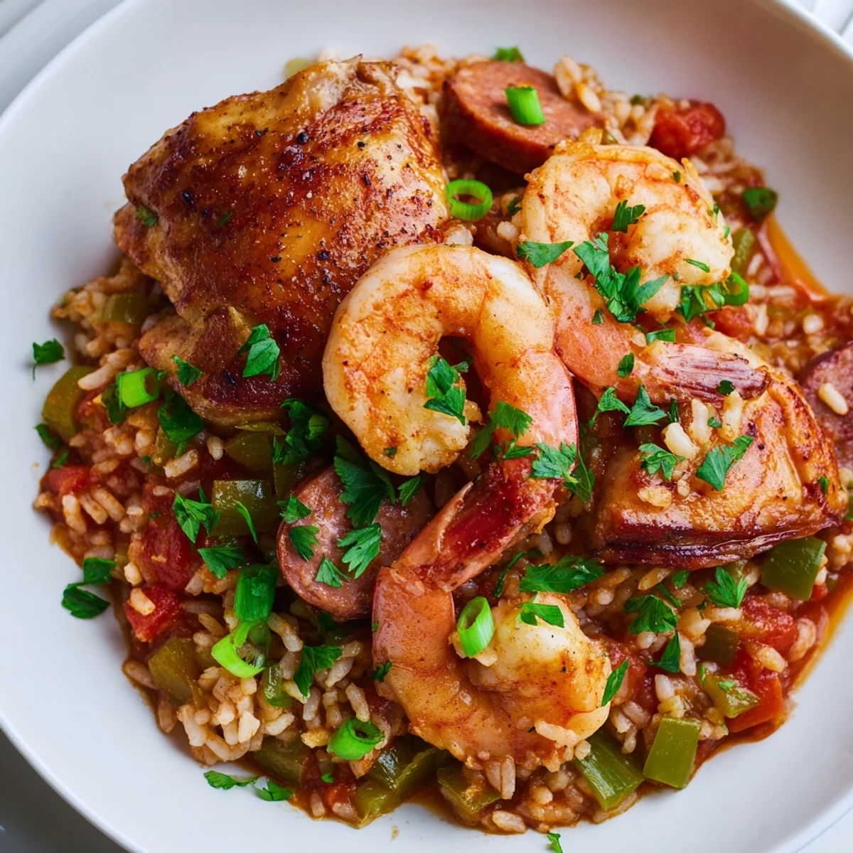 The hearty pot of Mardi Gras Jambalaya with Chicken and Shrimp is garnished with fresh green onions and parsley, ready to serve at a festive celebration.