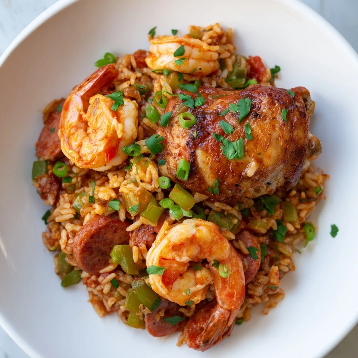 A vibrant serving of Mardi Gras Jambalaya with Chicken and Shrimp, featuring tender chicken, succulent shrimp, and spicy andouille sausage mixed with colorful peppers.