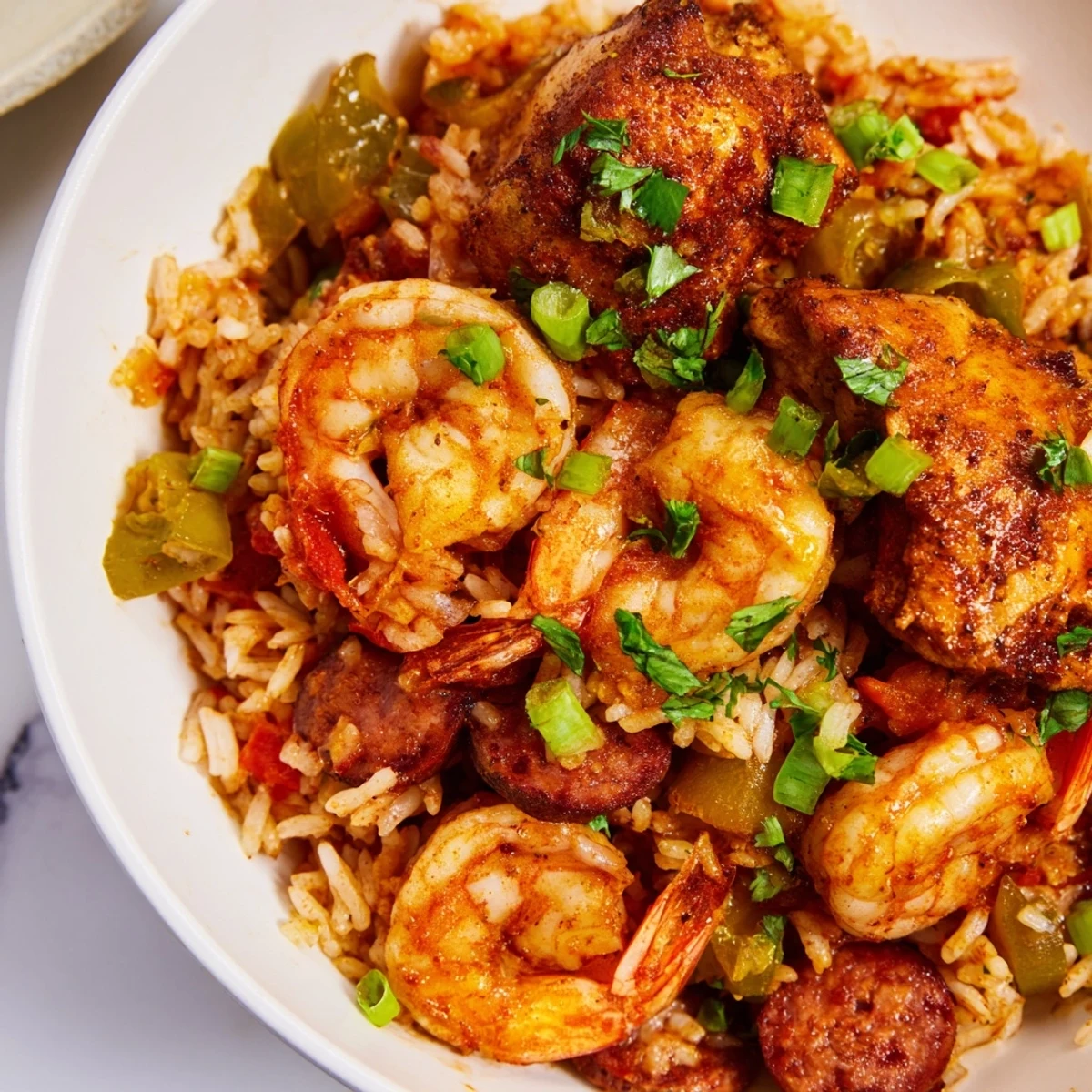 Steam rises from the comforting bowl of Mardi Gras Jambalaya with Chicken and Shrimp, showcasing the rich spices and plump seafood in a Cajun setting.