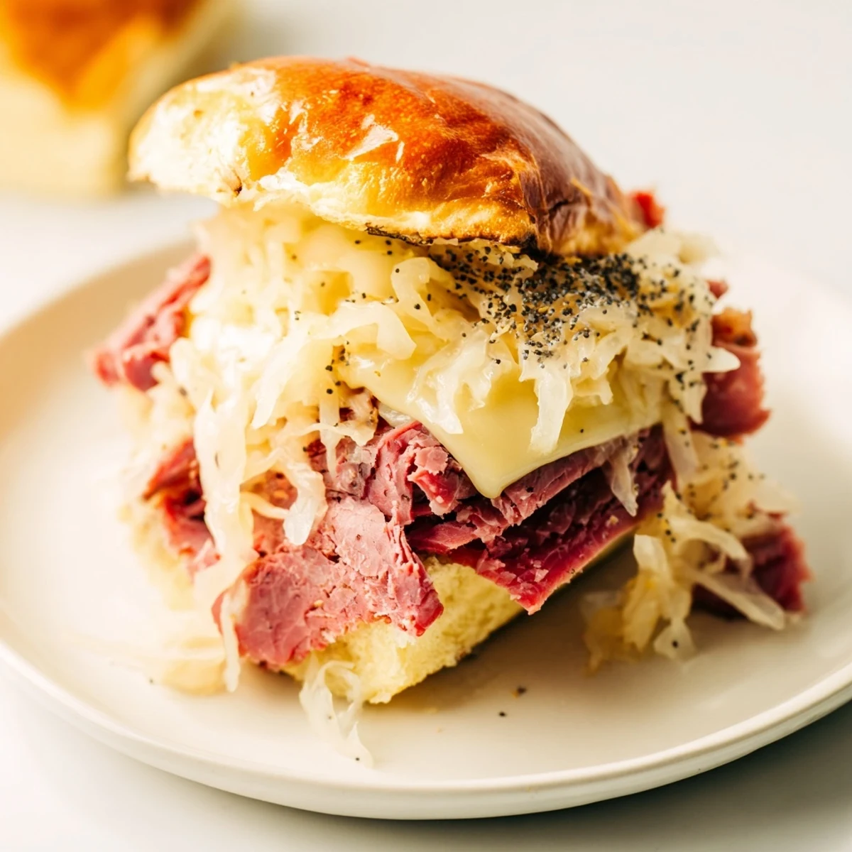 Freshly baked Corned Beef Sliders with Stone Ground Mustard, golden rolls topped with melted Swiss cheese and shredded cabbage.