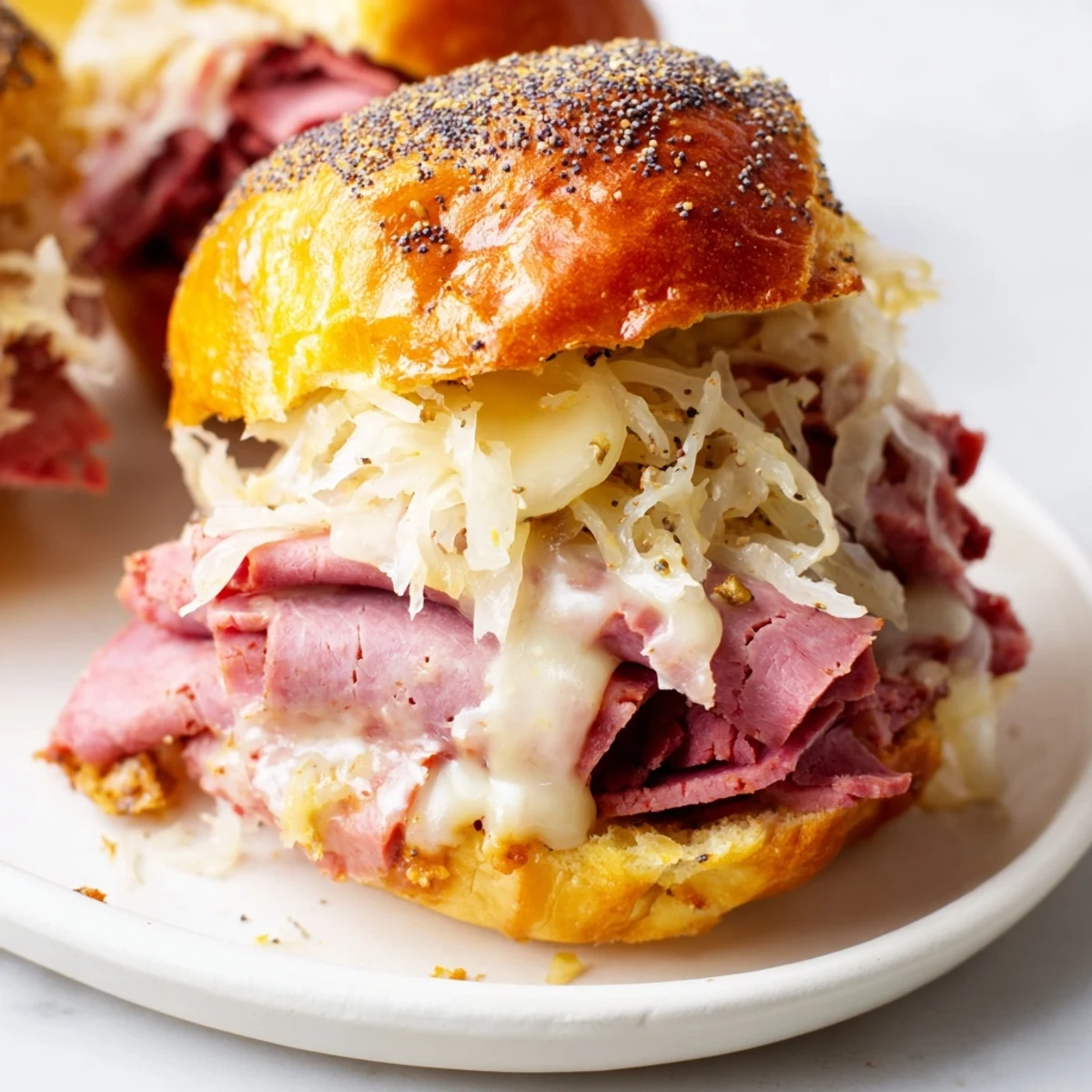 Warm Corned Beef Sliders with Stone Ground Mustard displayed on a wooden board, garnished with chives and ready to serve.
