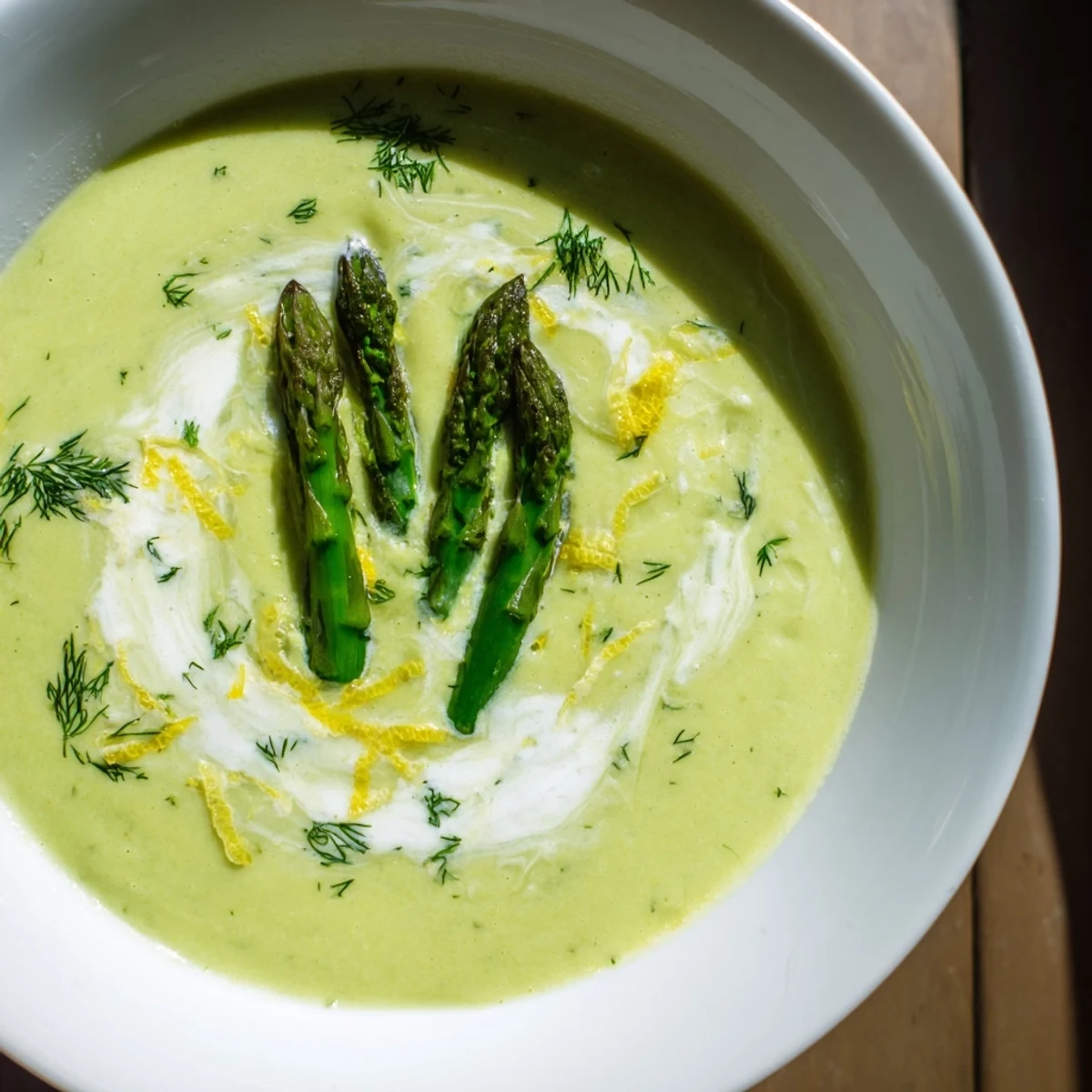 Creamy Asparagus Soup with Lemon and Dill shown in a rustic white bowl, garnished with fresh dill and a lemon wedge.