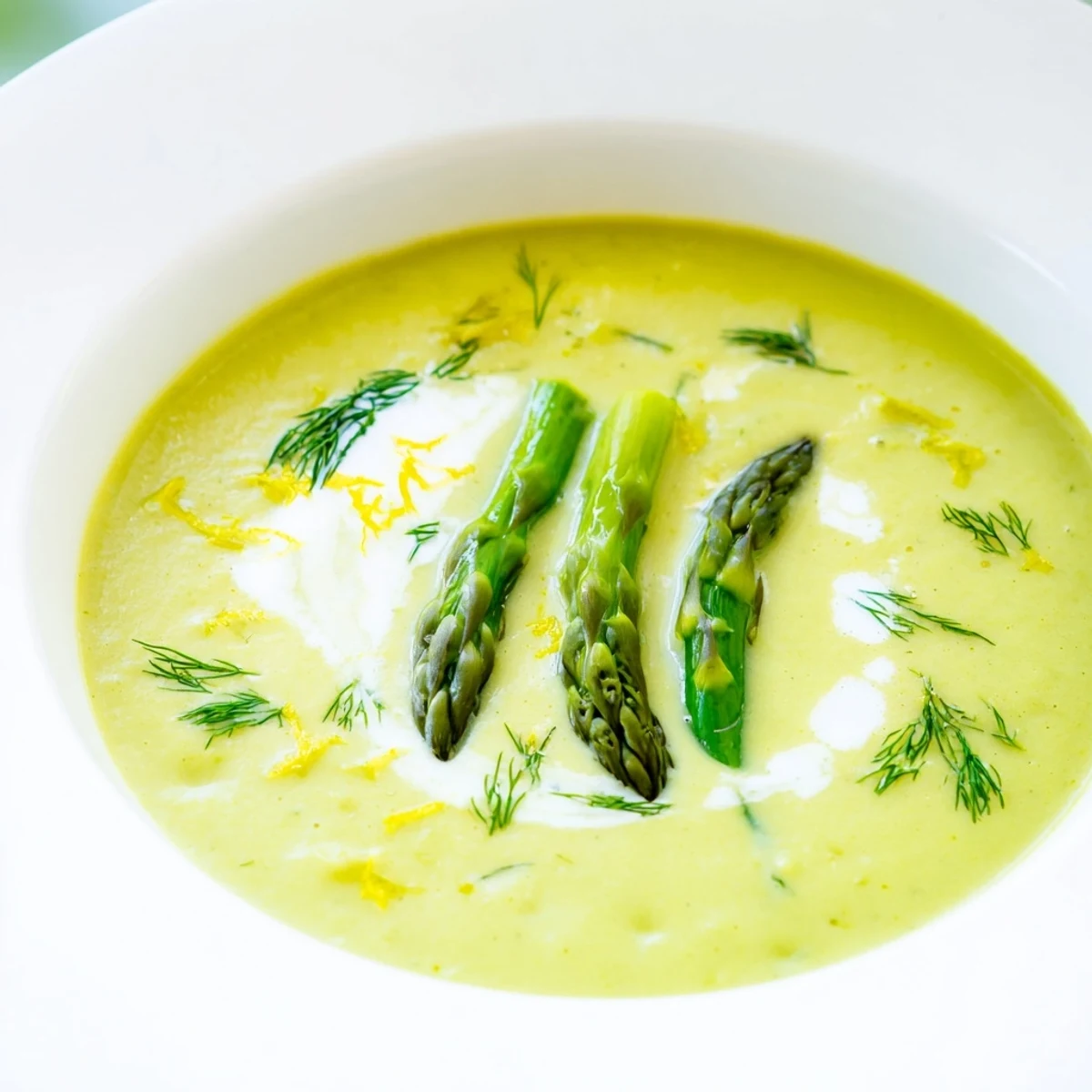 A close-up of vibrant green Creamy Asparagus Soup with Lemon and Dill, ready to serve with a slice of crusty bread.