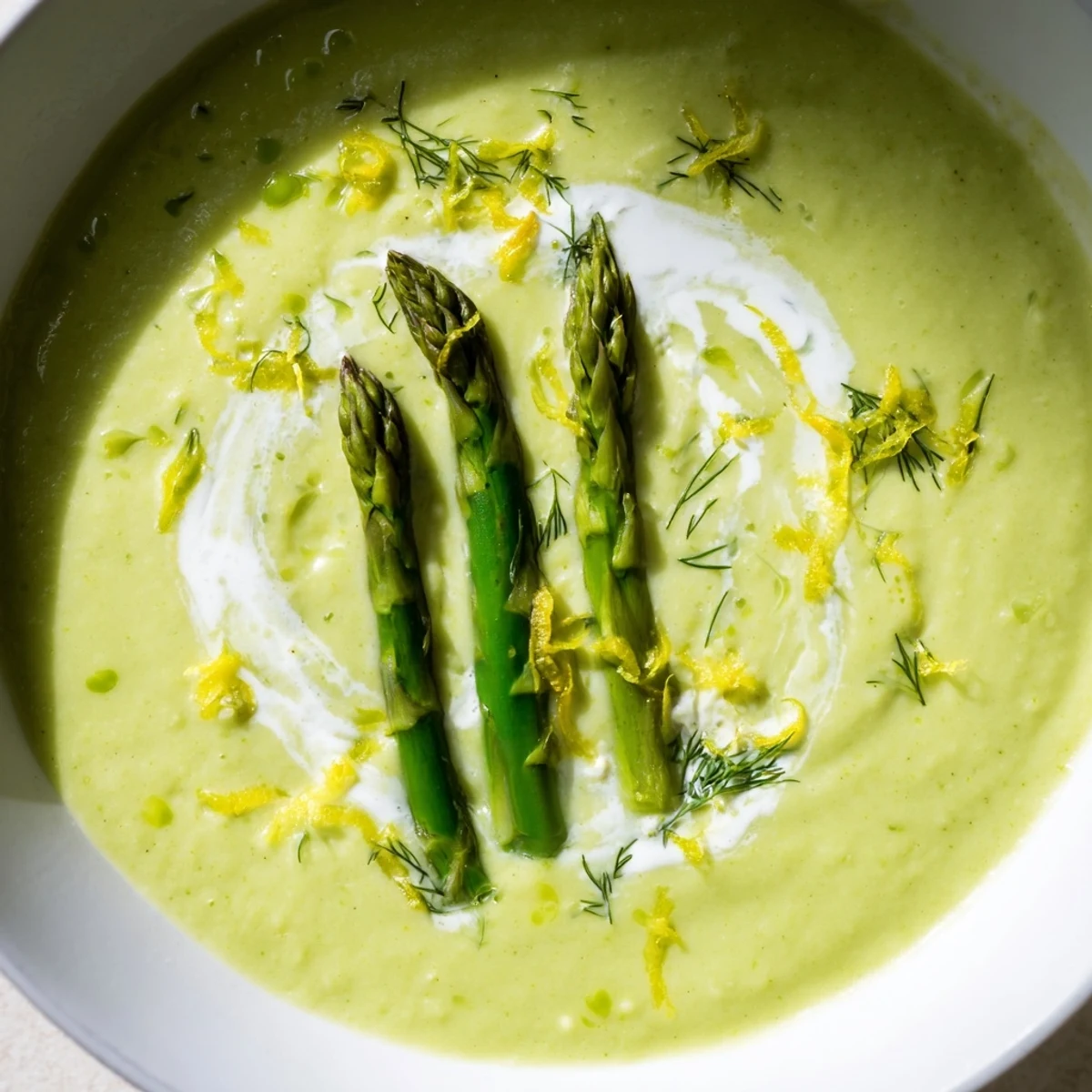 Spoon dipping into a velvety bowl of Creamy Asparagus Soup with Lemon and Dill, highlighting its smooth, bright green texture.