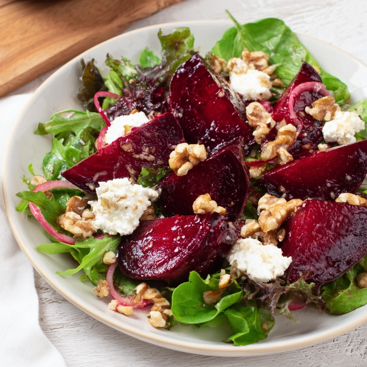 Freshly roasted beet wedges, creamy goat cheese crumbles, and toasted walnuts atop a bed of vibrant salad greens.