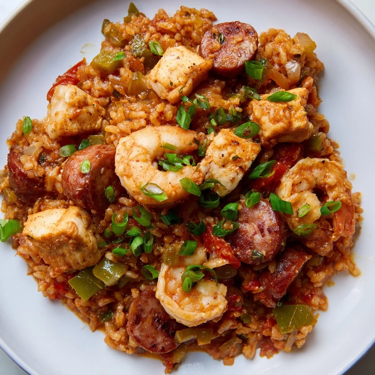 The finished Mardi Gras Jambalaya with Chicken and Shrimp in a Dutch oven, garnished with fresh parsley and scallions.