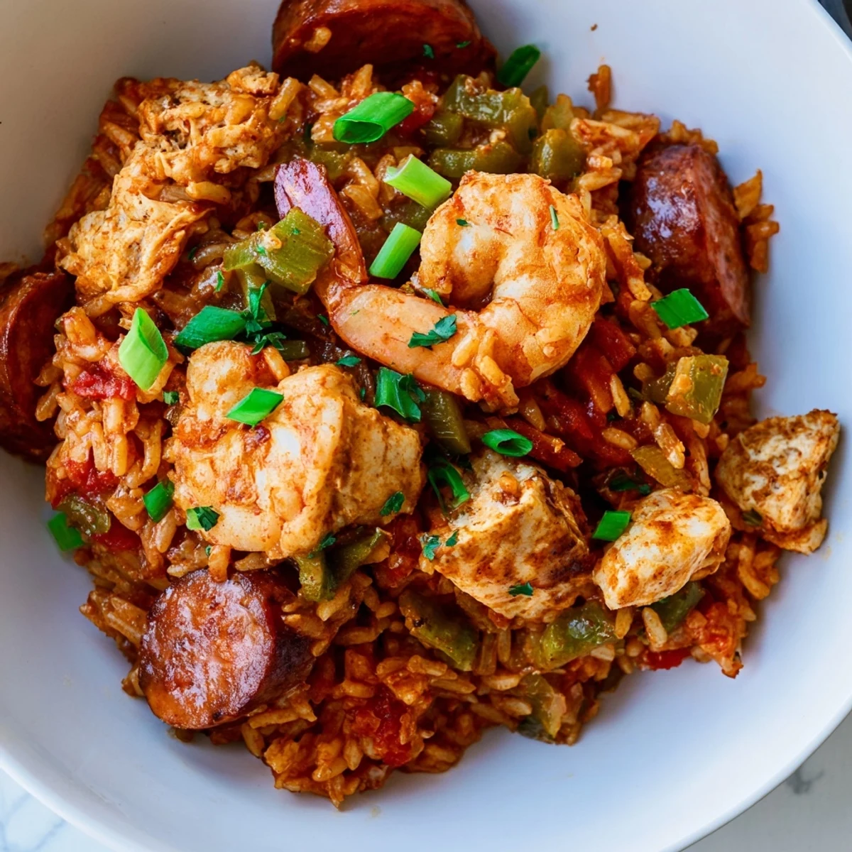 A close up view of Mardi Gras Jambalaya with Chicken and Shrimp showing tender chicken pieces and a rich Creole sauce.