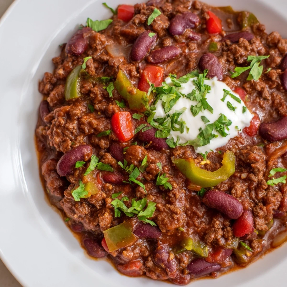 A hearty bowl of Spicy Beef Chili with Kidney Beans and Peppers, topped with melted cheddar cheese and a dollop of sour cream.
