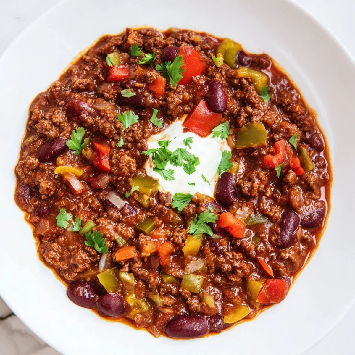 A close-up of Spicy Beef Chili with Kidney Beans and Peppers simmering in a Dutch oven, with steam rising from the thick, rich sauce.