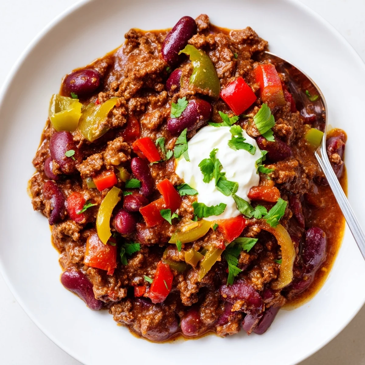 An overhead view of Spicy Beef Chili with Kidney Beans and Peppers served in a rustic bowl, garnished with fresh cilantro and green onions.