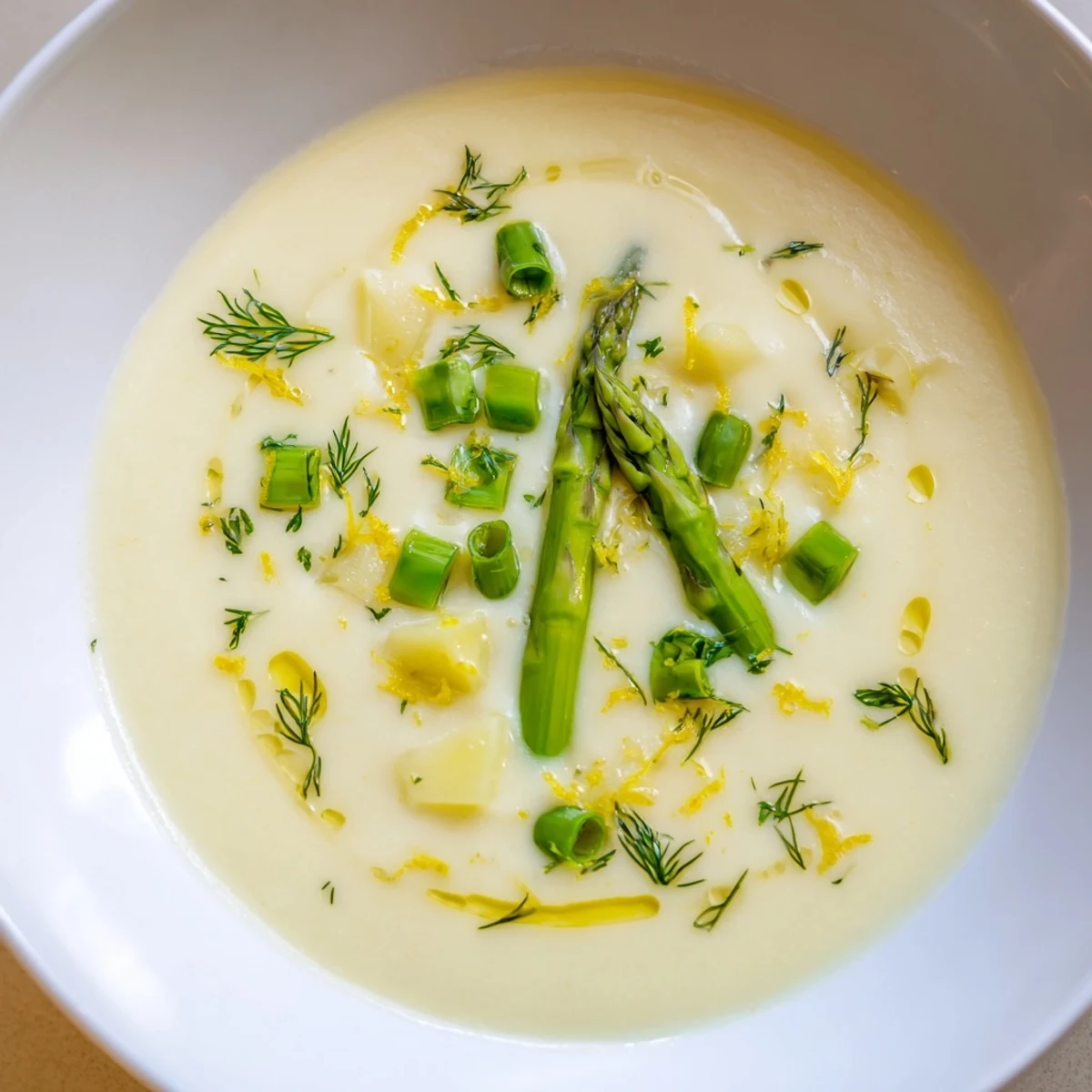 A close-up of Creamy Asparagus Soup with Lemon and Dill in a rustic mug, paired with a slice of crusty bread for dipping.