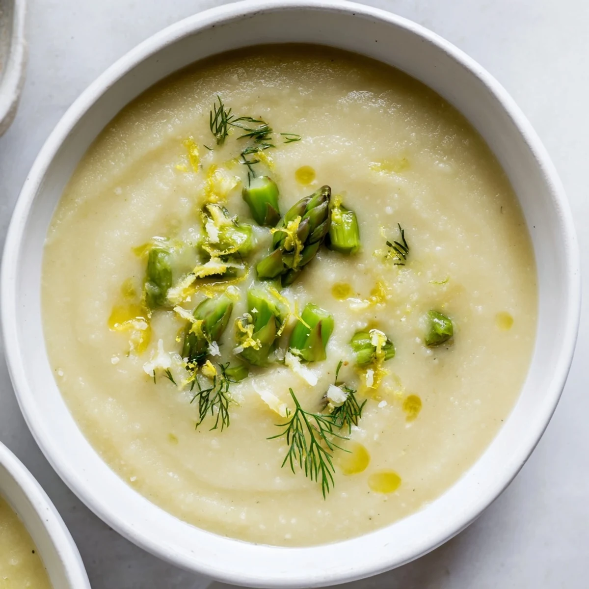 Overhead view of Creamy Asparagus Soup with Lemon and Dill in a ceramic bowl, topped with a swirl of cream and asparagus tips.