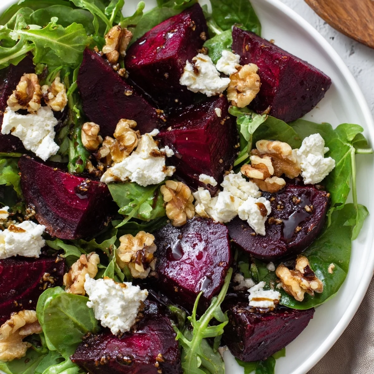 Ready-to-serve roasted beet salad featuring tender beets, crumbled goat cheese, and toasted pecans with a light honey dressing.