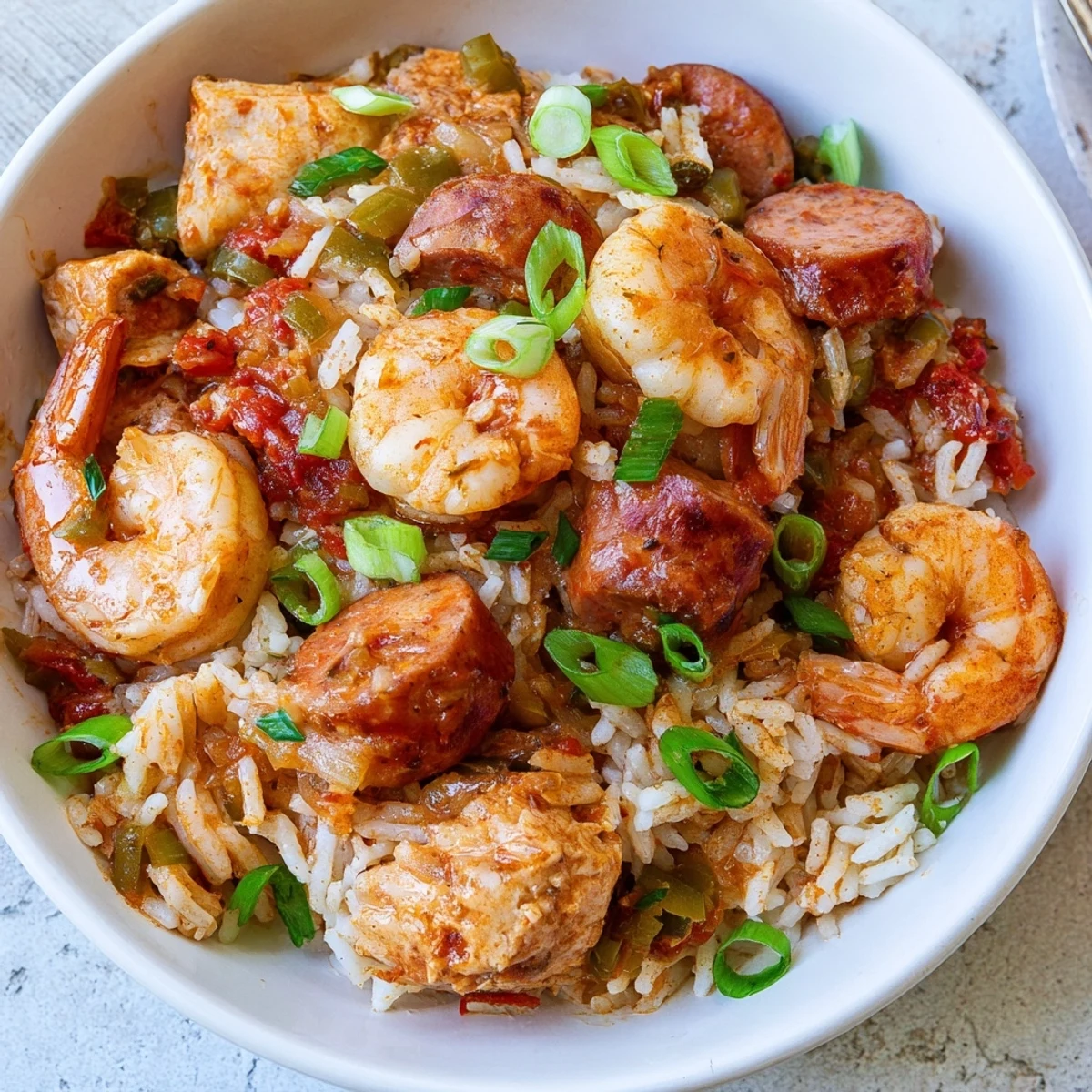 Colorful Mardi Gras Jambalaya topped with fresh herbs, alongside fluffy rice and andouille sausage.
