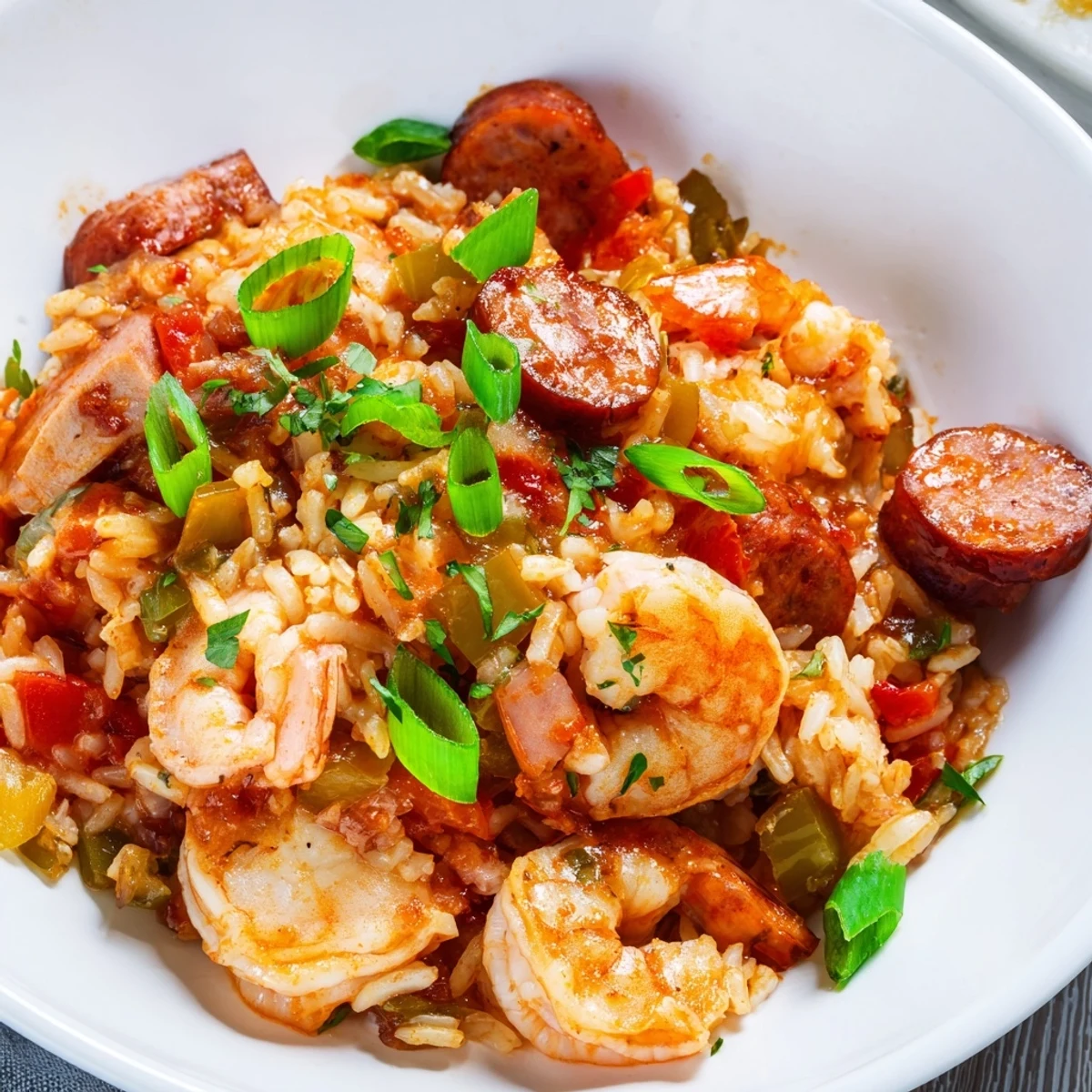 Bright bowl of Mardi Gras Jambalaya featuring tender chicken, juicy shrimp, and aromatic vegetables.
