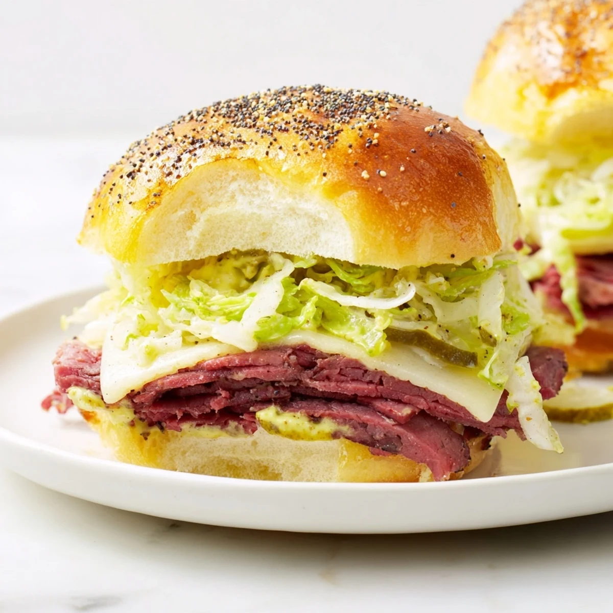 Classic Corned Beef Sliders with Stone Ground Mustard, melty Swiss, and crisp cabbage for parties.