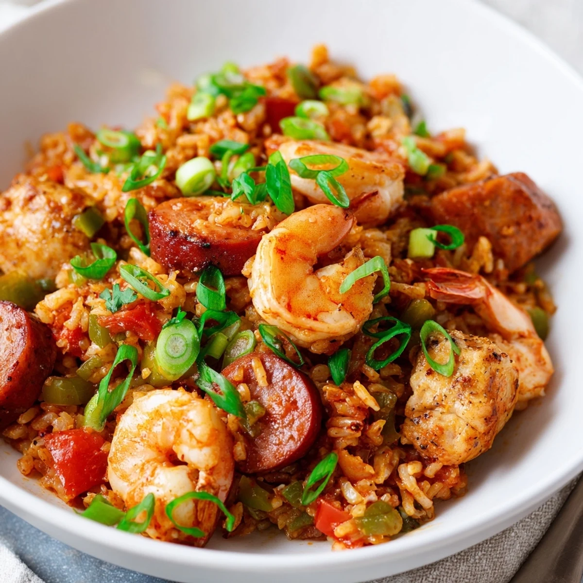 Golden-brown chicken thighs, pink shrimp, and sliced andouille sausage mingle with bell peppers in a steaming pot of Mardi Gras Jambalaya, garnished with fresh parsley.