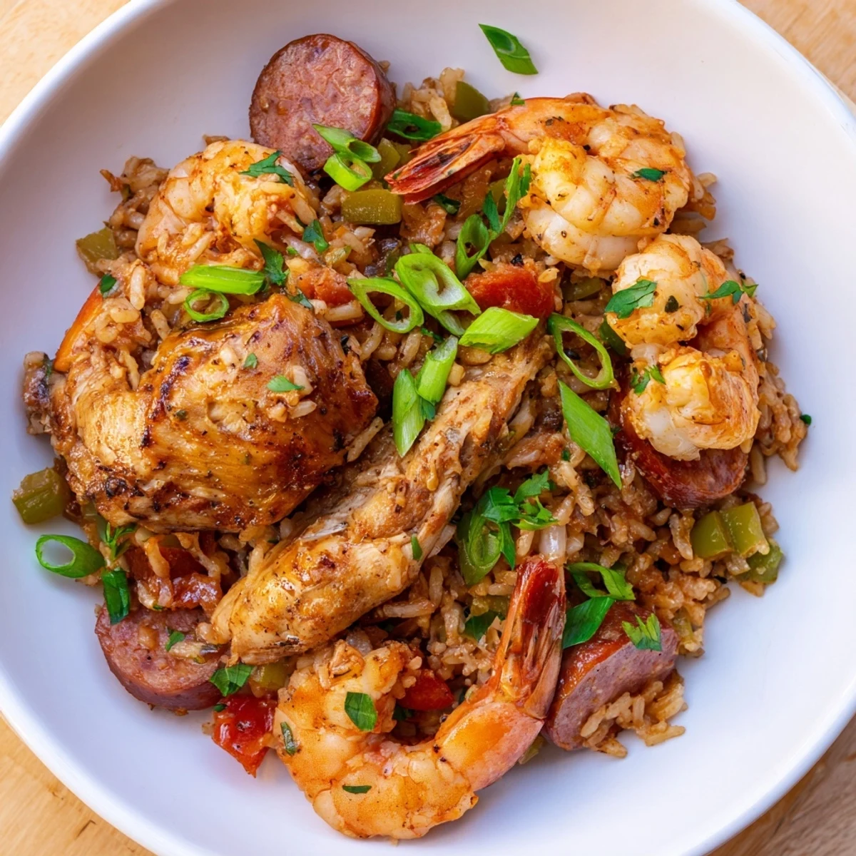 A close-up of vibrant Mardi Gras Jambalaya featuring tender chicken pieces, plump shrimp, and diced vegetables peeking through fluffy, tomato-infused Creole rice.