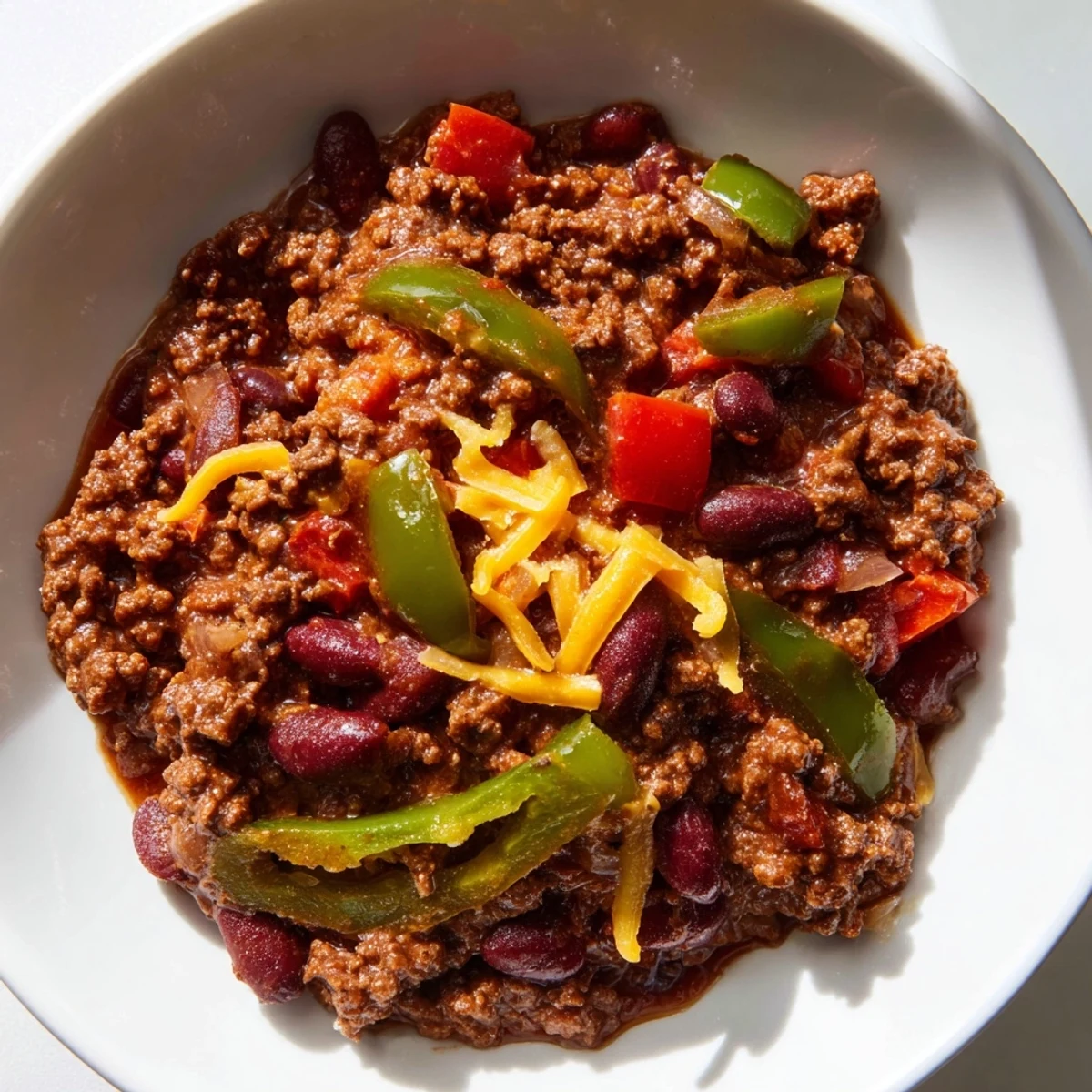 A close-up of Spicy Beef Chili with Kidney Beans steaming in a rustic pot, topped with melted cheddar and fresh cilantro.