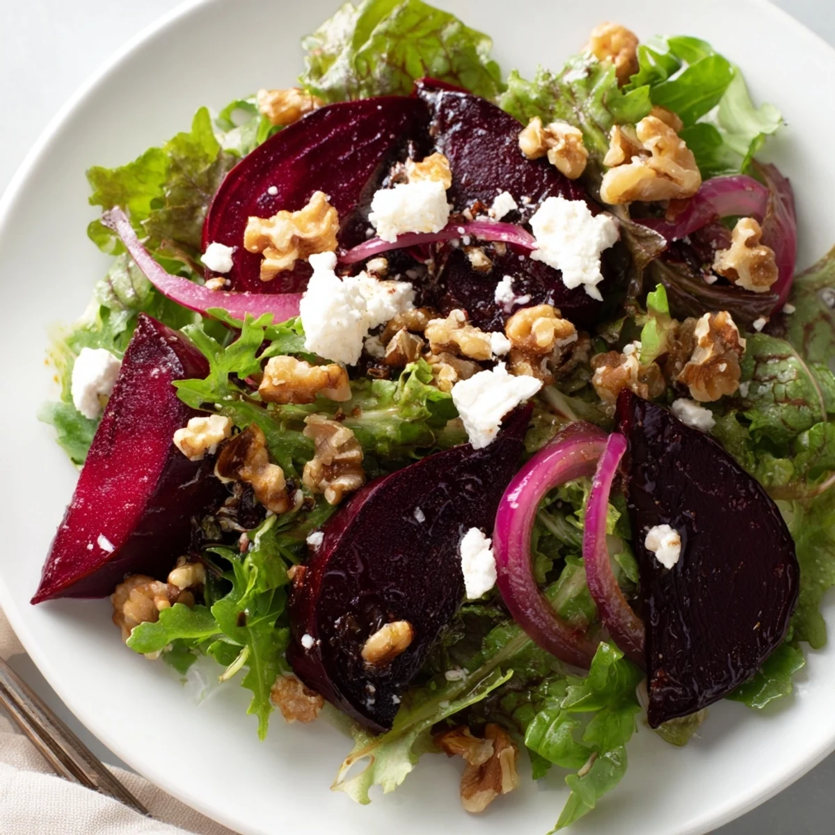 Platter of Roasted Beet Salad with Goat Cheese features jewel-toned beet wedges, peppery greens, red onion, and balsamic dressing for an elegant side dish.
