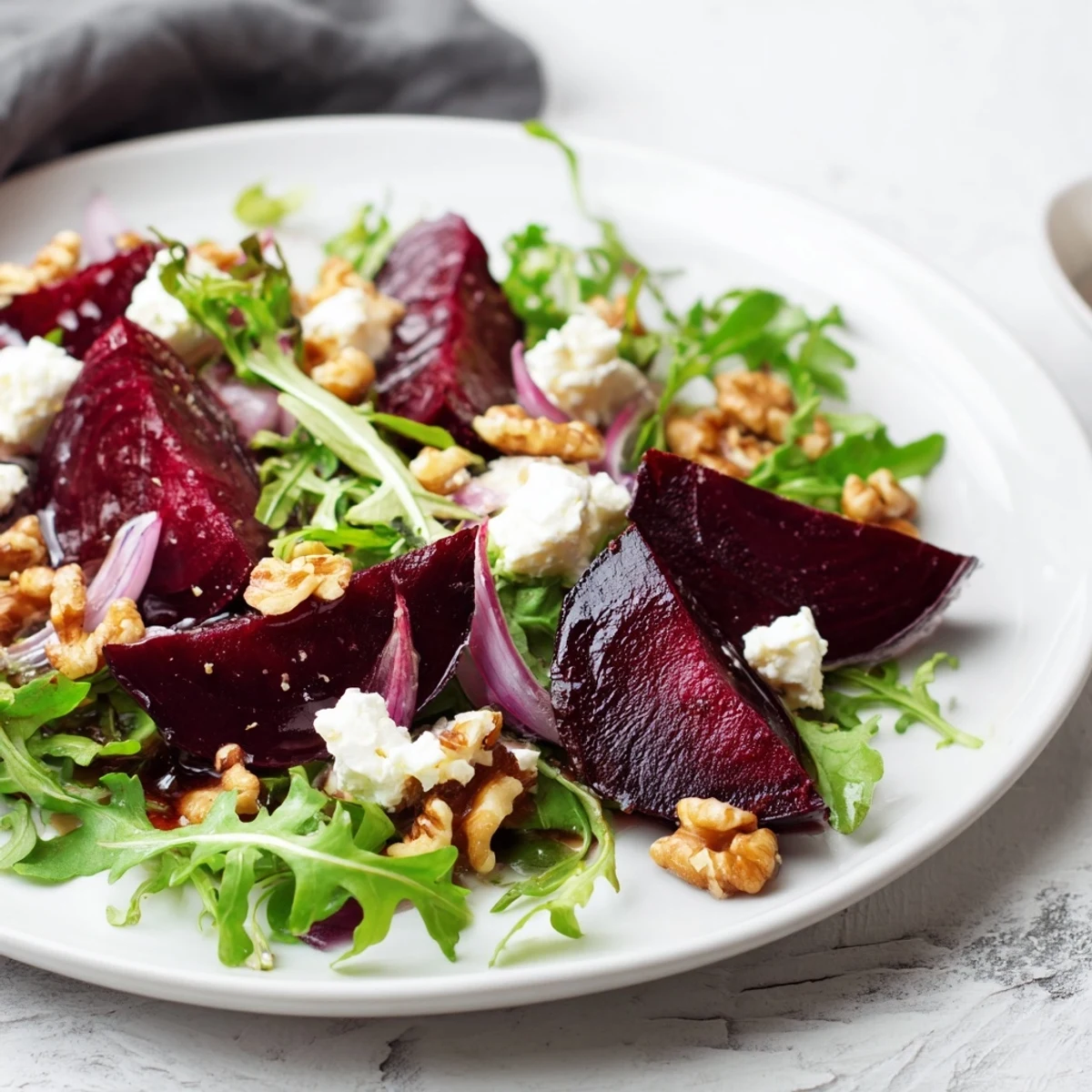 Freshly plated Roasted Beet Salad with Goat Cheese mixes roasted beets, crunchy walnuts, and tangy cheese, perfect for a colorful vegetarian dinner.
