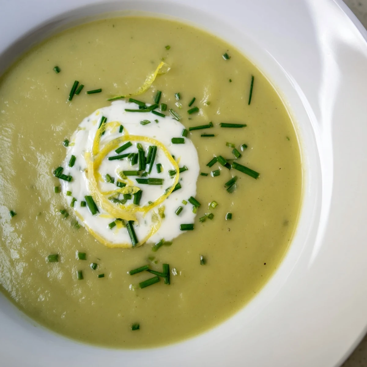 A spoon dips into velvety Creamy Asparagus Soup with Lemon, garnished with chives and a swirl of cream.