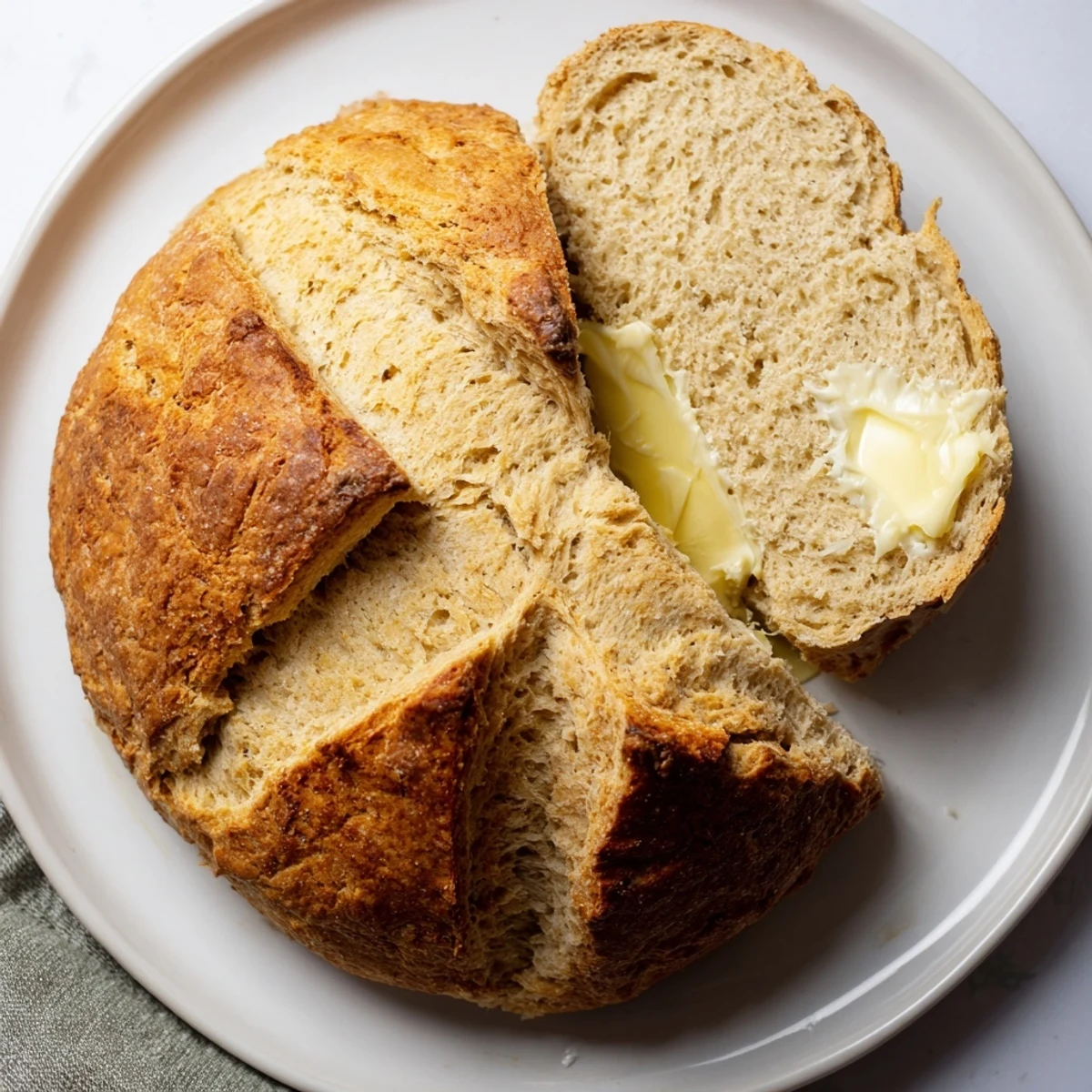 Slice of Authentic 4-Ingredient Irish Soda Bread showing a moist interior, served warm with melted butter on a white plate.