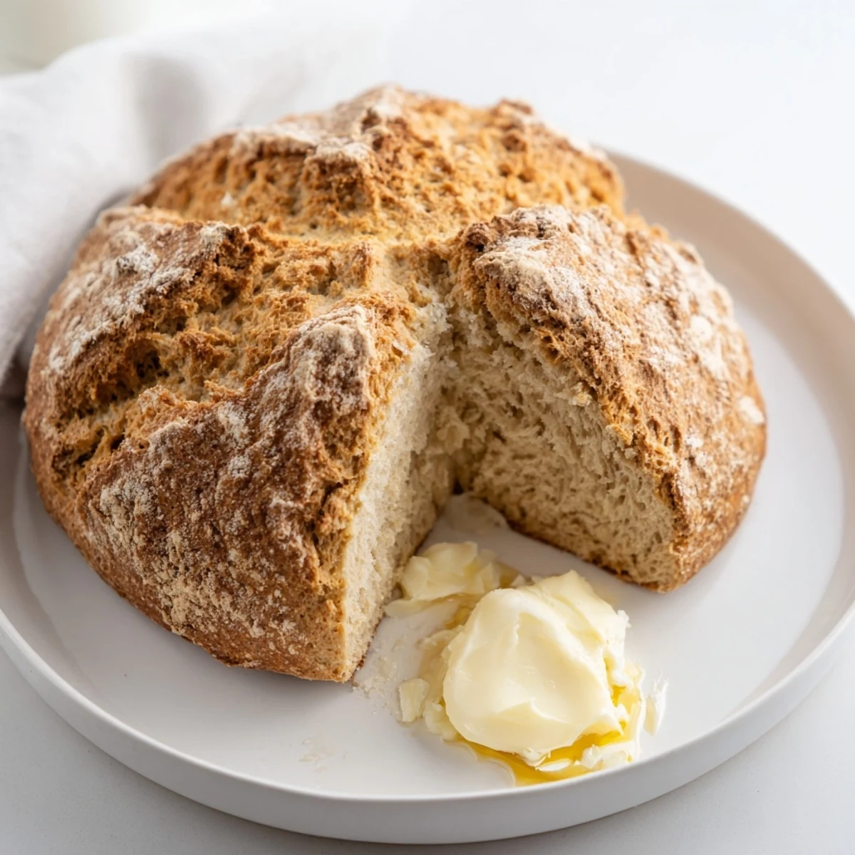 Authentic 4-Ingredient Irish Soda Bread cooling on a wire rack, with flour dusted on the counter and a knife nearby.
