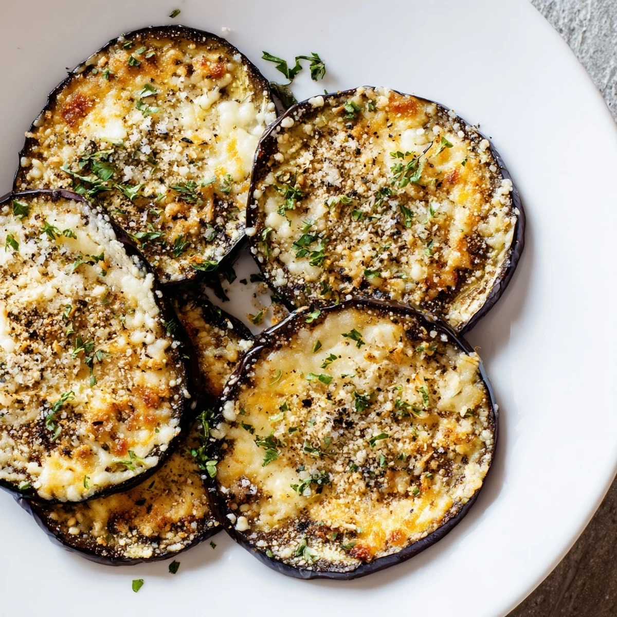 Golden roasted eggplant slices topped with melted Parmesan, oregano, and thyme, served as a warm Mediterranean snack.