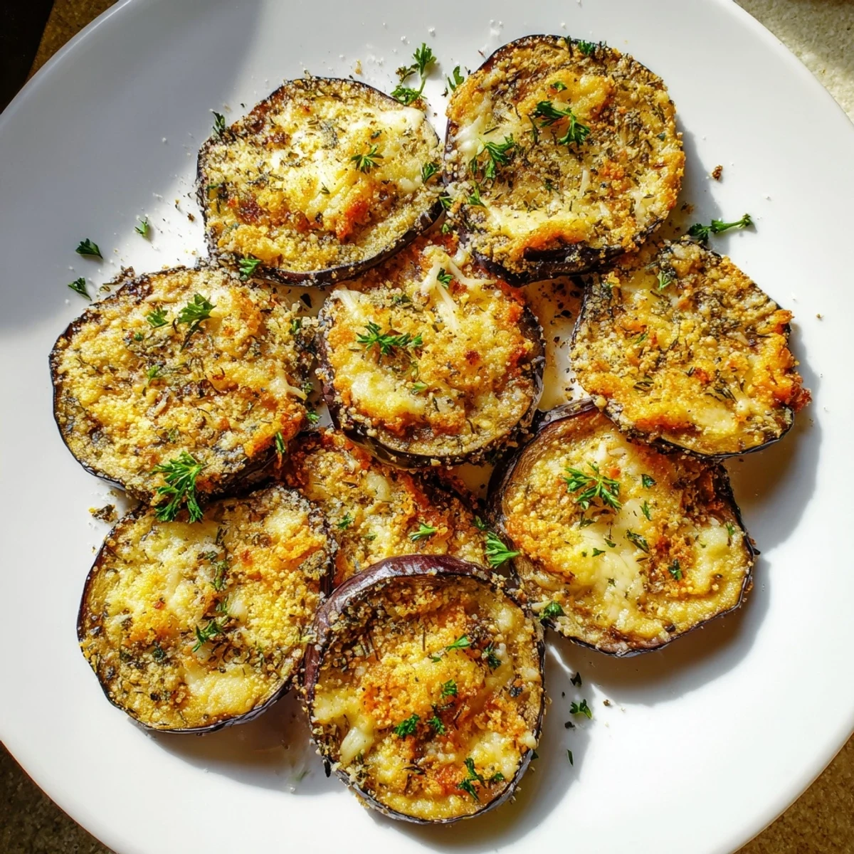 Fresh herb garnish on savory Mediterranean Roasted Eggplant & Parmesan Crisps, arranged on a plate for serving.