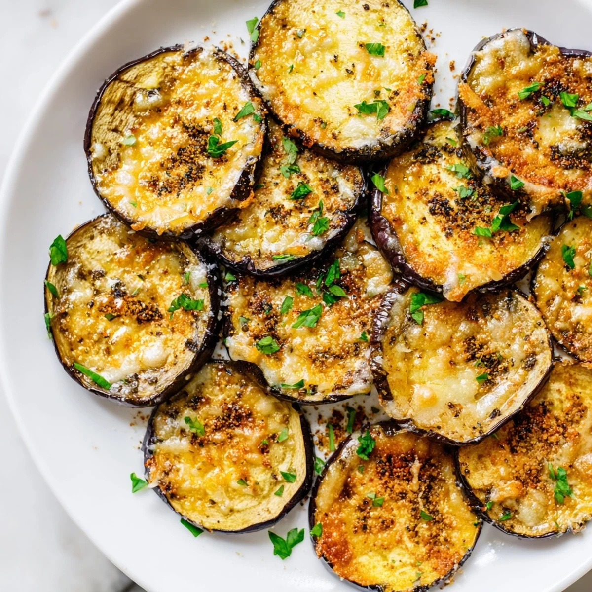 Crispy Parmesan crisps on tender eggplant rounds with smoky paprika, perfect with lemon wedges for an appetizer.