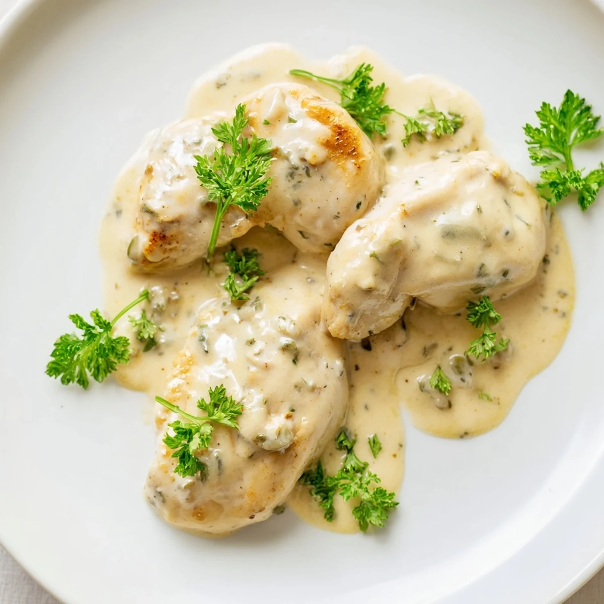 A skillet of tender Creamy Boursin Chicken ready to be served with green beans and crusty bread.