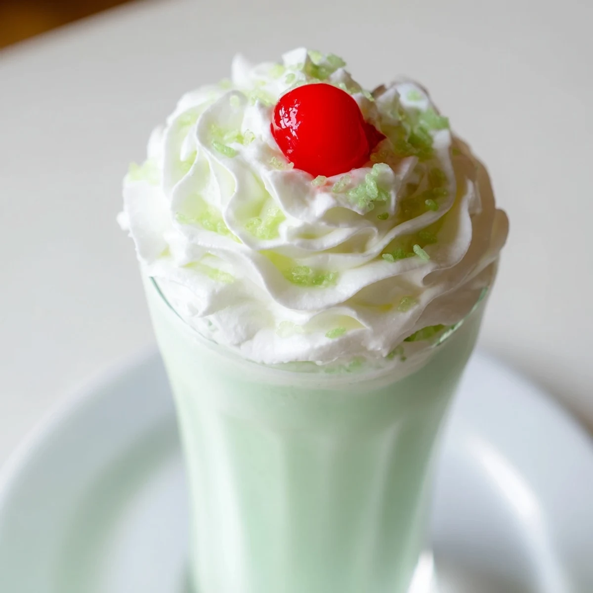 Creamy green Homemade Copycat Shamrock Shake topped with whipped cream and a cherry in a tall glass.