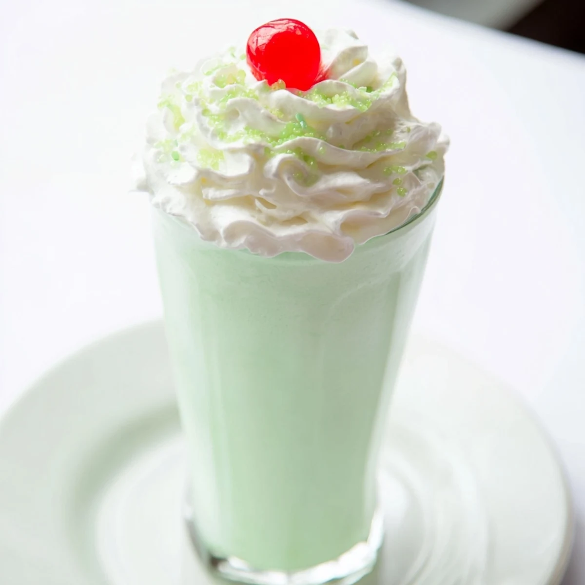 Two frosty glasses of Homemade Copycat Shamrock Shake with green sprinkles and swirls of whipped cream.