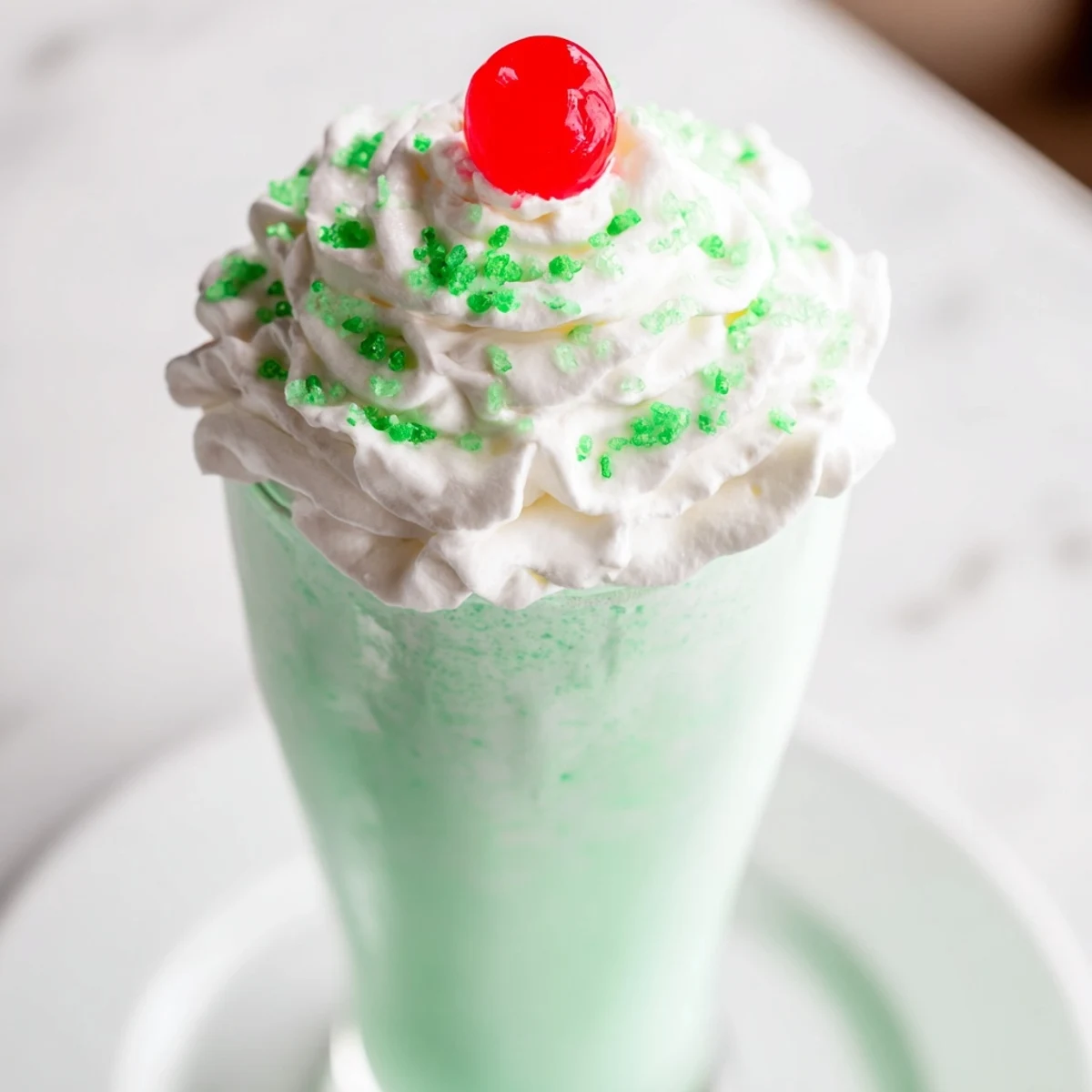 Refreshing homemade mint shake with bright green color and minty aroma for St. Patrick’s Day celebration.