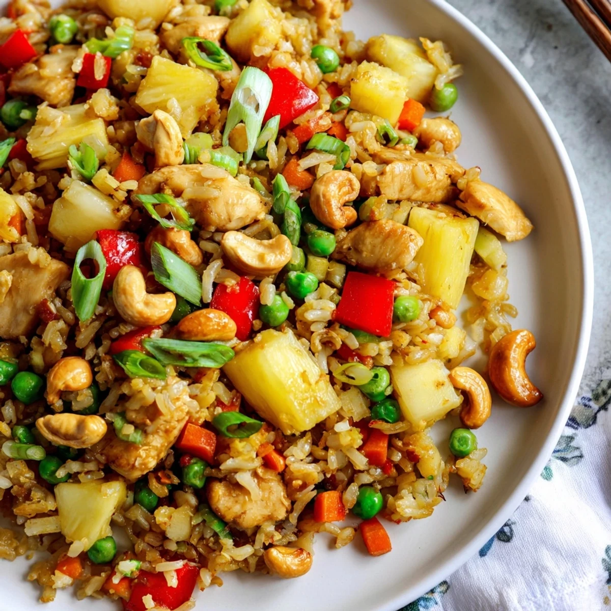 A close-up of Pineapple Chicken Fried Rice with Cashews, showing fluffy jasmine rice, tender chicken, and vibrant red bell peppers.
