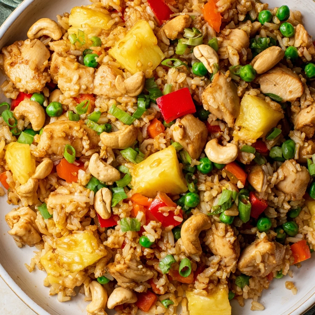 Serving of Pineapple Chicken Fried Rice with Cashews garnished with fresh green onions and lime wedges on a colorful plate.