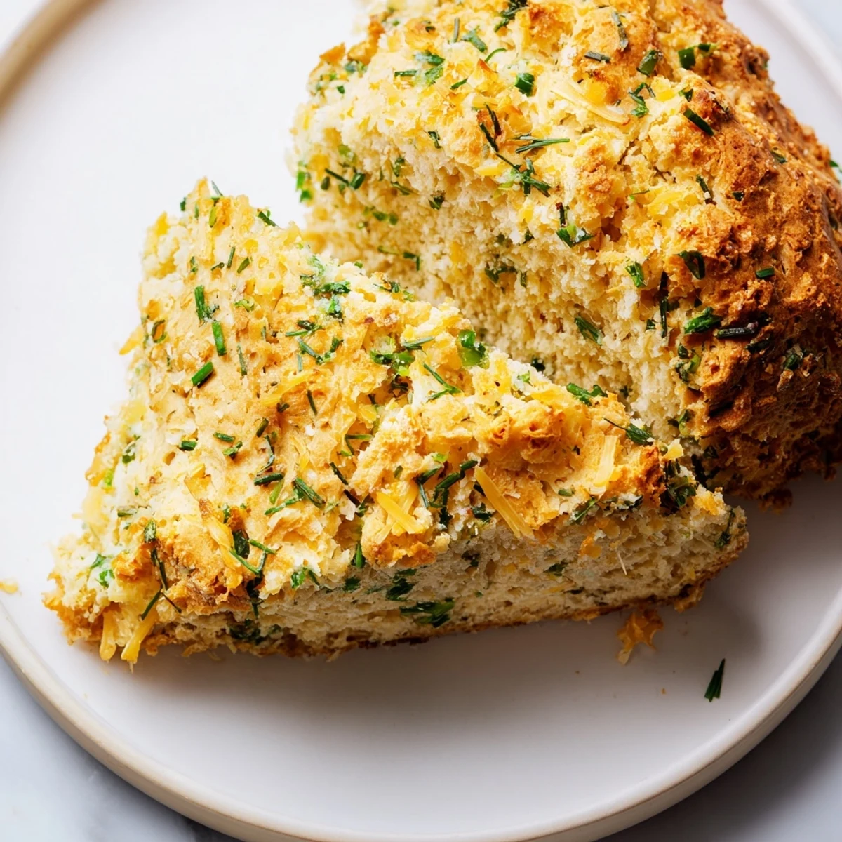 Freshly baked Savory Herbed Cheddar Irish Soda Bread with melted cheddar chunks and specks of green herbs.
