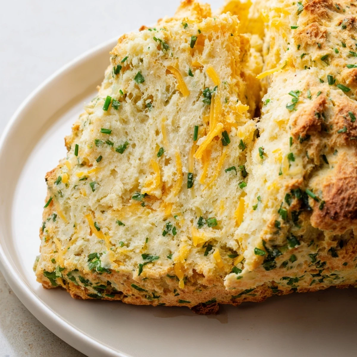 A golden-brown Savory Herbed Cheddar Irish Soda Bread loaf sliced open on a rustic wooden board.