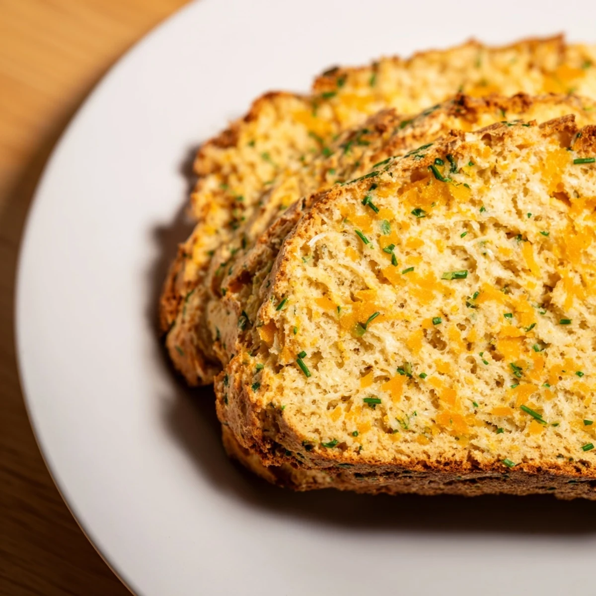 A whole Savory Cheddar & Chive Irish Soda Bread loaf rests on a baking sheet, cut with a deep X on top and served beside a pat of butter.