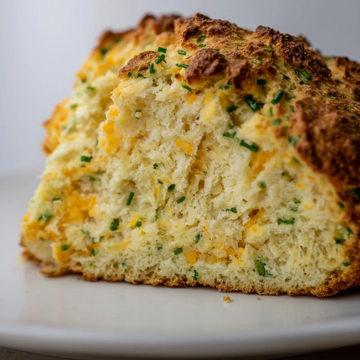 Close-up of a rustic, golden-brown Savory Cheddar & Chive Irish Soda Bread loaf, its cheesy crust and fresh chive flecks visible on a wooden board.