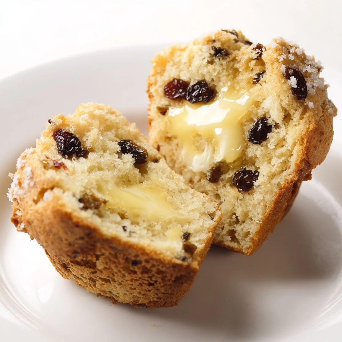 Golden Mini Irish Soda Bread Muffins displayed on a rustic wooden board with a dollop of Irish butter melting on top.