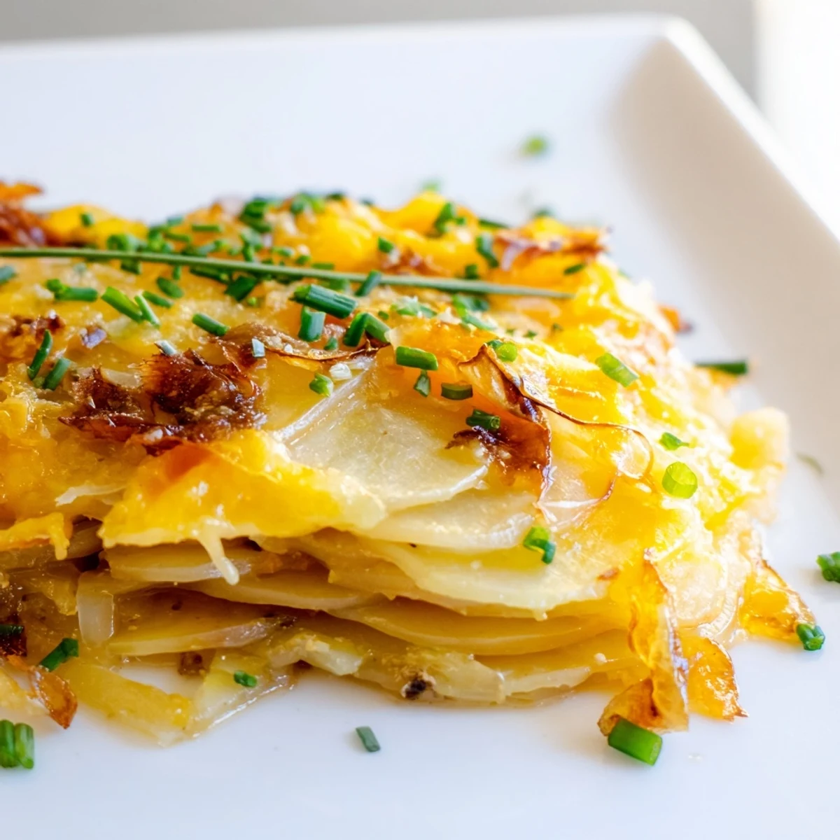 In a rustic kitchen, a baked dish of Cheesy Sweet Potato Gratin with Caramelized Onions Delight is served steaming in a ceramic dish.