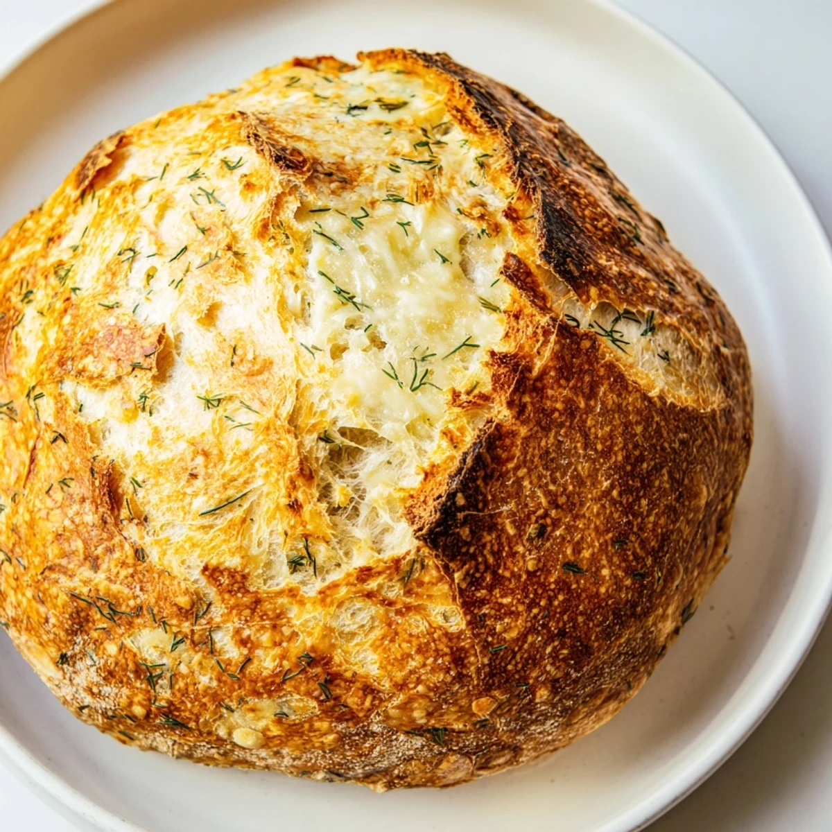 A warm slice of No-Knead Dill Gouda Artisan Bread reveals melty cheese and aromatic herbs, perfect with creamy soup.