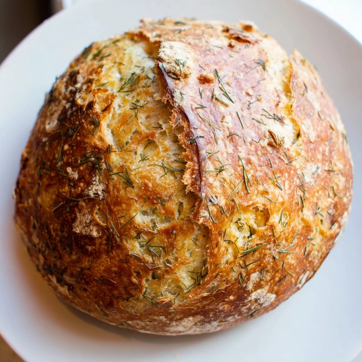 Freshly baked No-Knead Dill Gouda Artisan Bread on a wooden board, showcasing a golden crust and visible dill flecks.