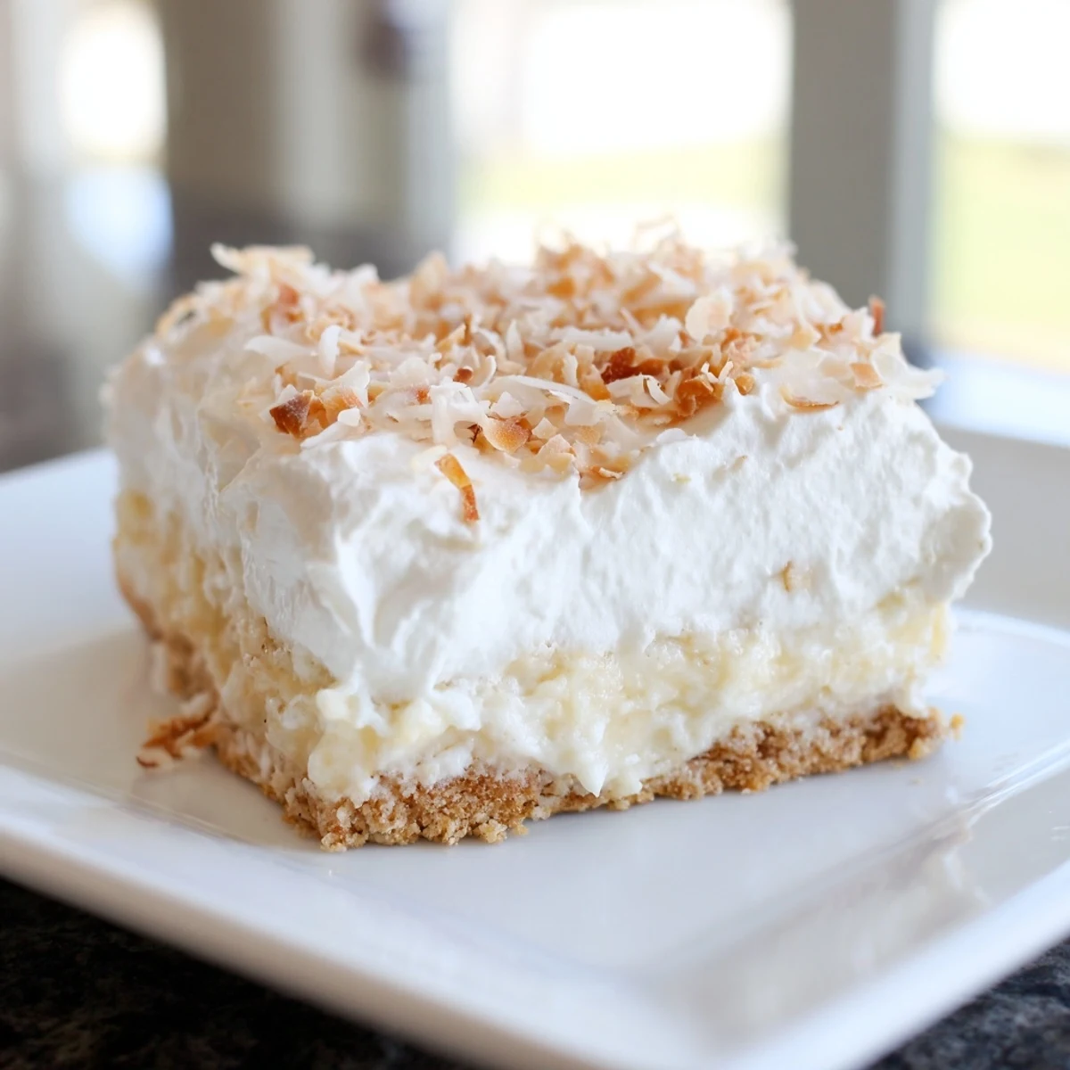 Freshly baked Coconut Cream Dream Bars arranged on a wooden board with toasted coconut flakes.