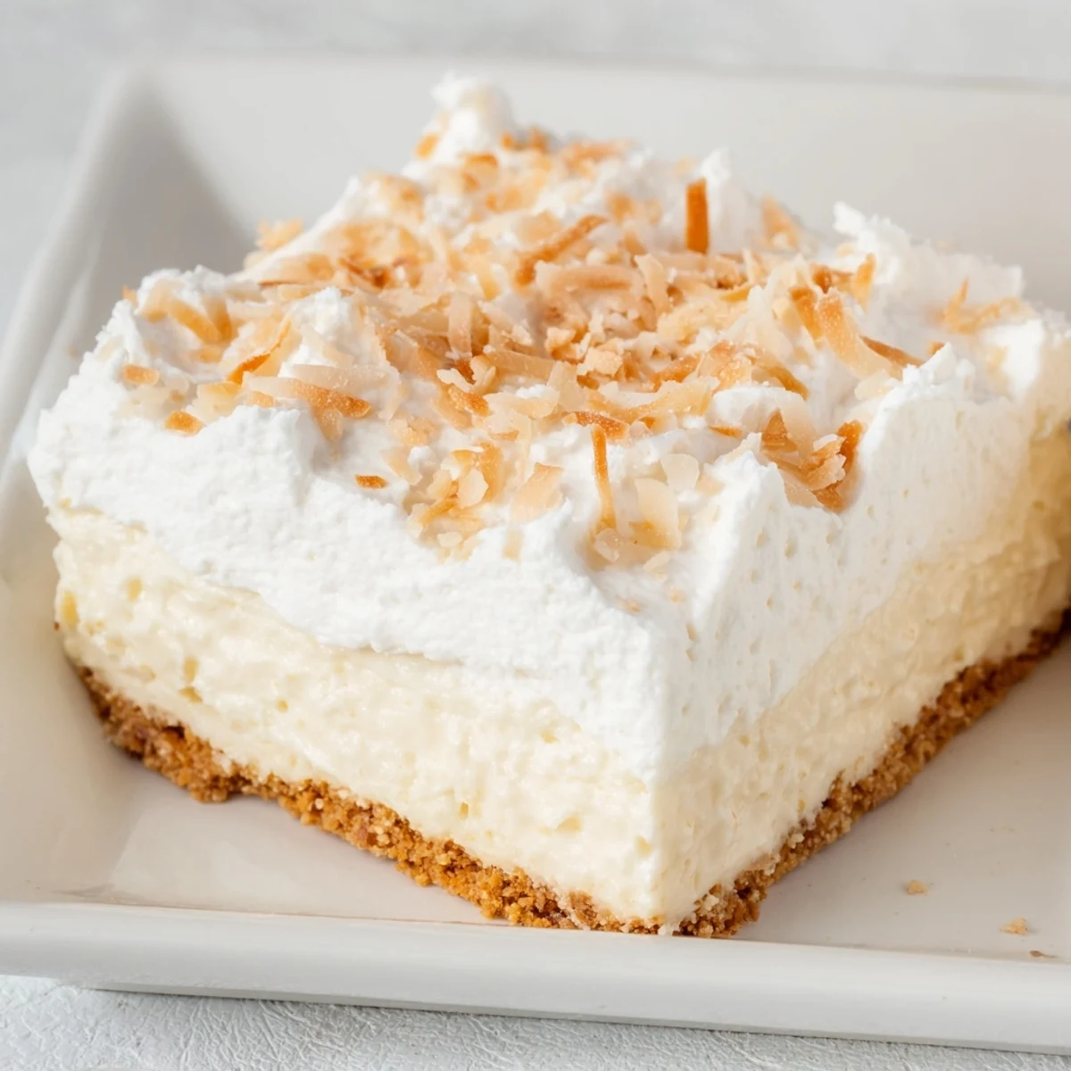 Coconut Cream Dream Bars served chilled on a plate with a dollop of whipped topping.